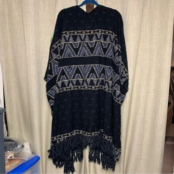 Ecote Free People Textured Bohemian Kimono Black Aztec Open Fringed Cardigan OS - Picture 10 of 11